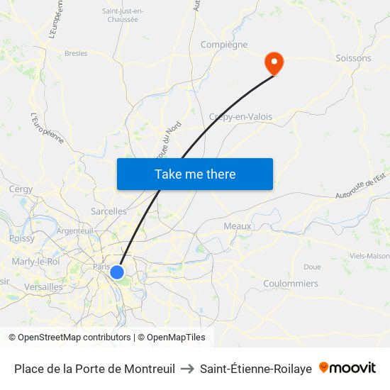 Place de la Porte de Montreuil to Saint-Étienne-Roilaye map