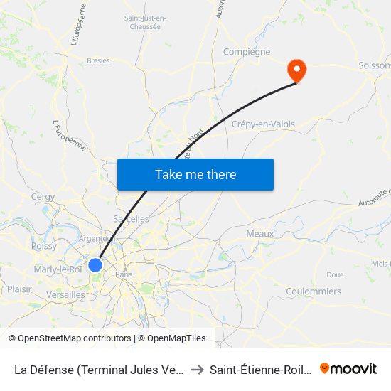 La Défense (Terminal Jules Verne) to Saint-Étienne-Roilaye map