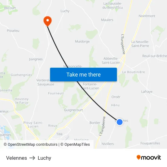 Velennes to Luchy map