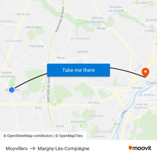 Moyvillers to Margny-Lès-Compiègne map