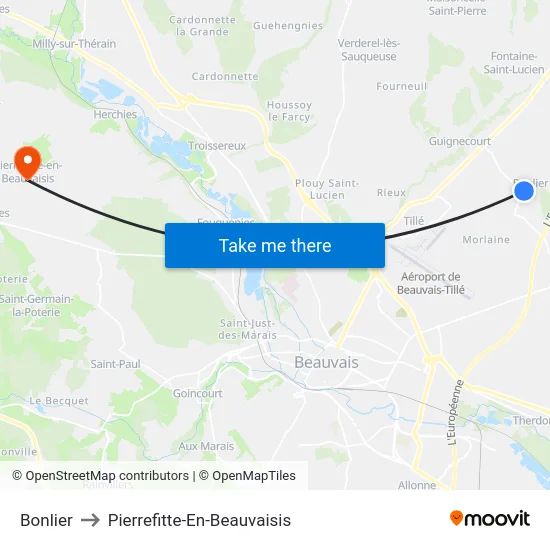 Bonlier to Pierrefitte-En-Beauvaisis map