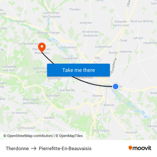 Therdonne to Pierrefitte-En-Beauvaisis map