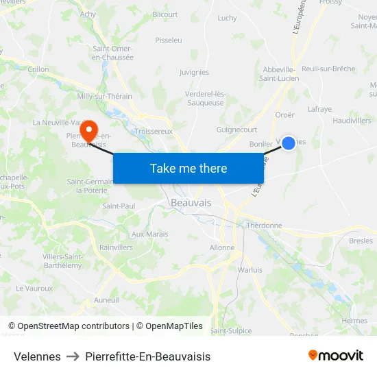 Velennes to Pierrefitte-En-Beauvaisis map