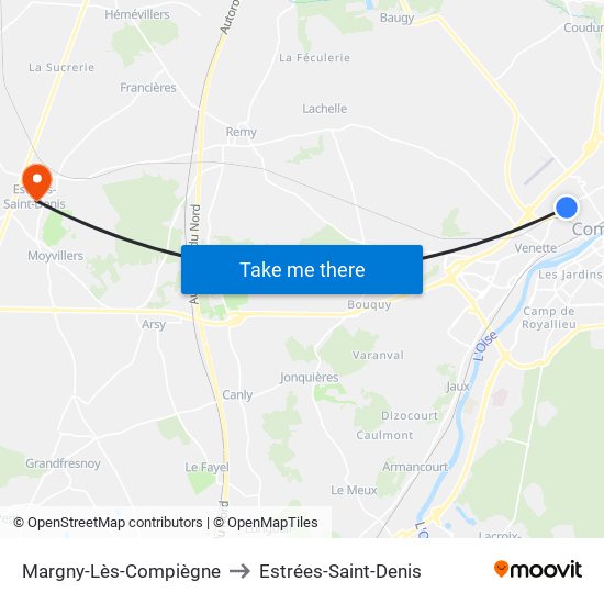 Margny-Lès-Compiègne to Estrées-Saint-Denis map