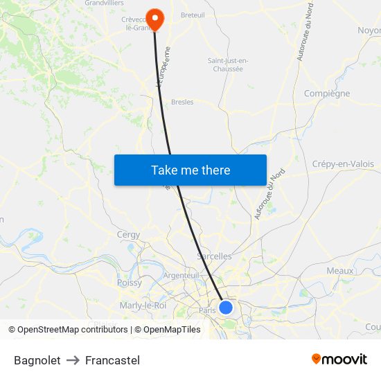 Bagnolet to Francastel map