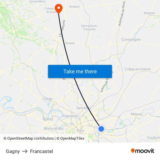 Gagny to Francastel map