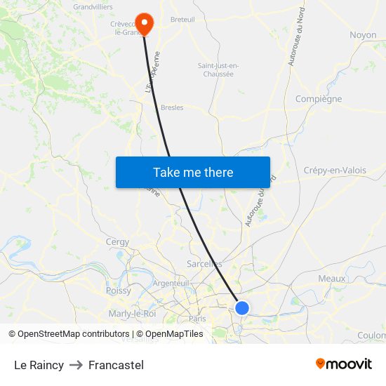 Le Raincy to Francastel map