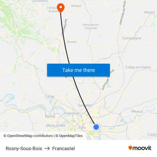 Rosny-Sous-Bois to Francastel map