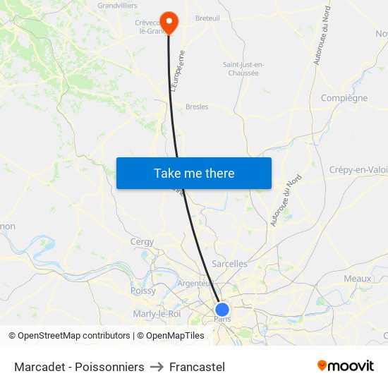 Marcadet - Poissonniers to Francastel map