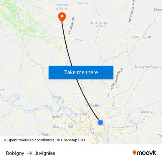 Bobigny to Juvignies map