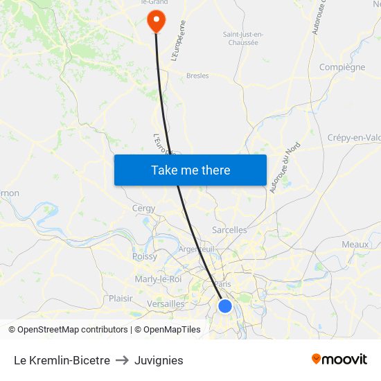 Le Kremlin-Bicetre to Juvignies map