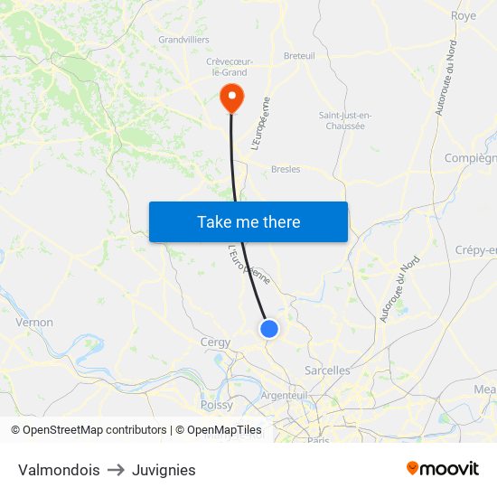 Valmondois to Juvignies map