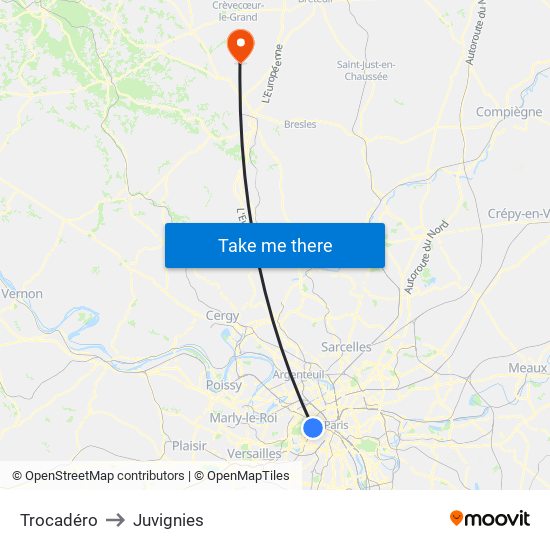 Trocadéro to Juvignies map