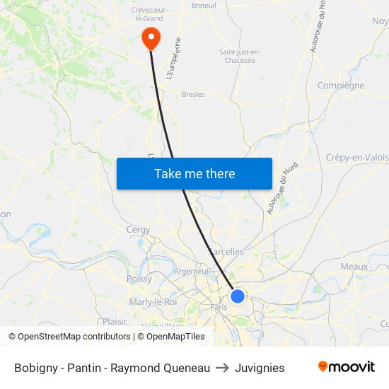 Bobigny - Pantin - Raymond Queneau to Juvignies map