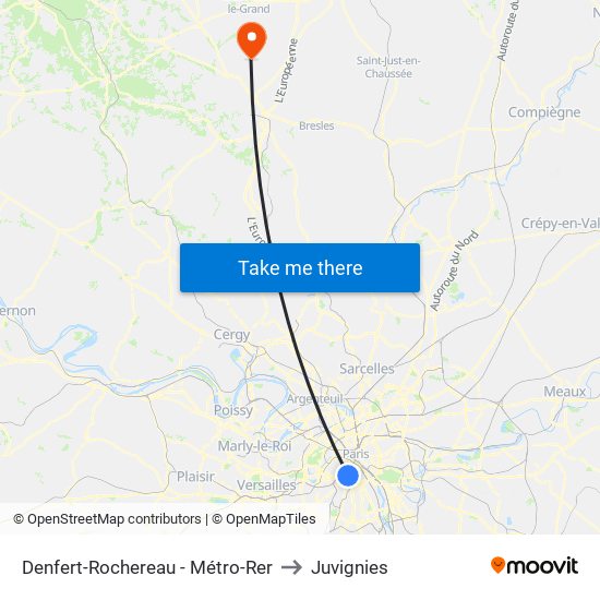 Denfert-Rochereau - Métro-Rer to Juvignies map