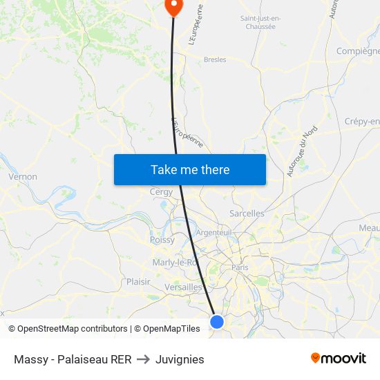 Massy - Palaiseau RER to Juvignies map