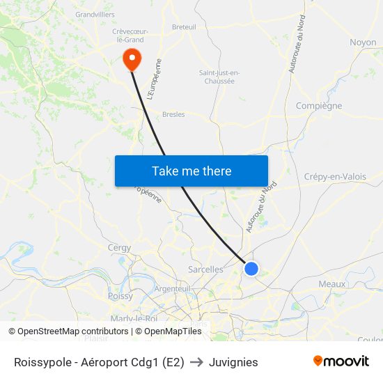 Roissypole - Aéroport Cdg1 (E2) to Juvignies map