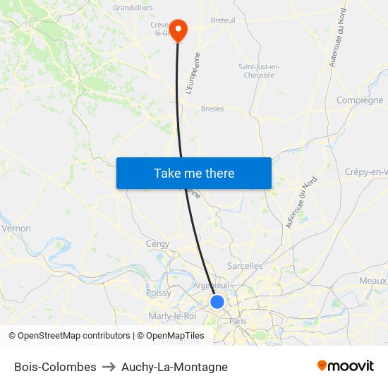 Bois-Colombes to Auchy-La-Montagne map