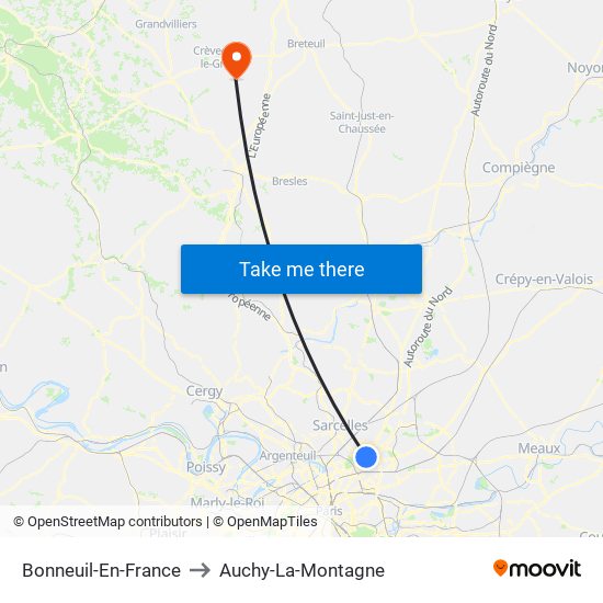 Bonneuil-En-France to Auchy-La-Montagne map