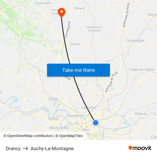 Drancy to Auchy-La-Montagne map