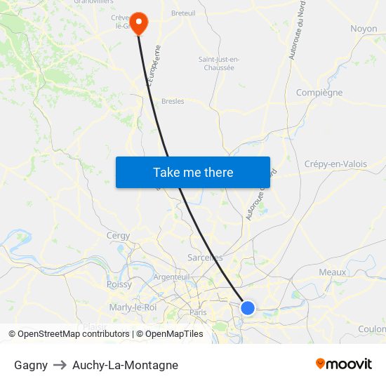 Gagny to Auchy-La-Montagne map