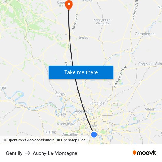 Gentilly to Auchy-La-Montagne map