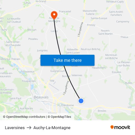 Laversines to Auchy-La-Montagne map