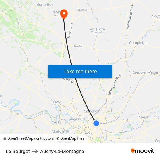 Le Bourget to Auchy-La-Montagne map