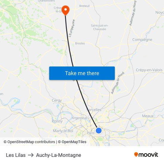 Les Lilas to Auchy-La-Montagne map