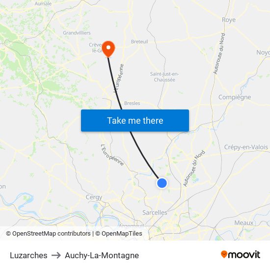 Luzarches to Auchy-La-Montagne map