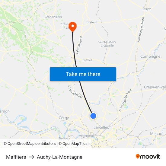 Maffliers to Auchy-La-Montagne map