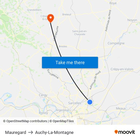 Mauregard to Auchy-La-Montagne map