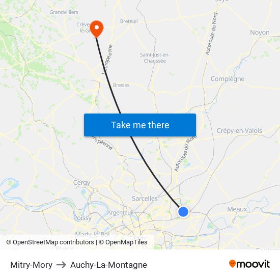 Mitry-Mory to Auchy-La-Montagne map