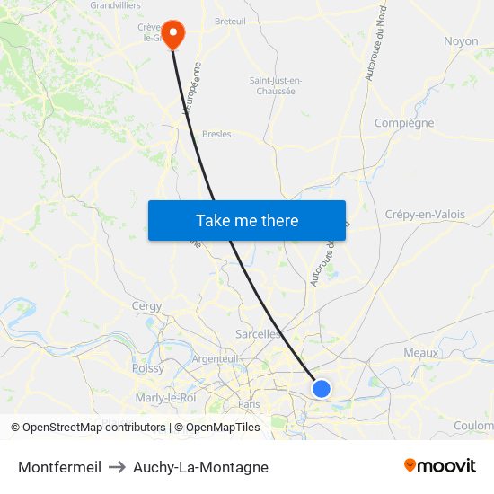 Montfermeil to Auchy-La-Montagne map