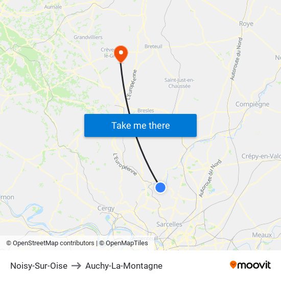 Noisy-Sur-Oise to Auchy-La-Montagne map