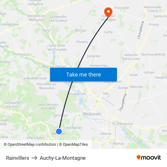 Rainvillers to Auchy-La-Montagne map