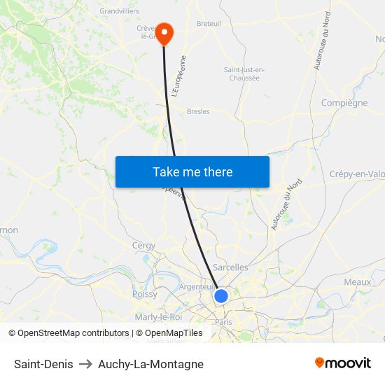 Saint-Denis to Auchy-La-Montagne map