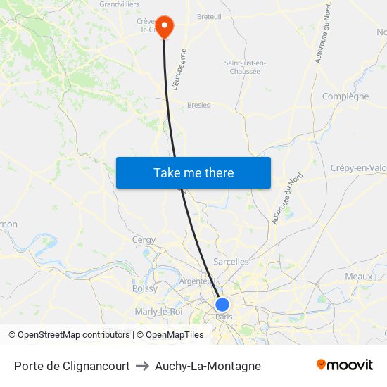 Porte de Clignancourt to Auchy-La-Montagne map