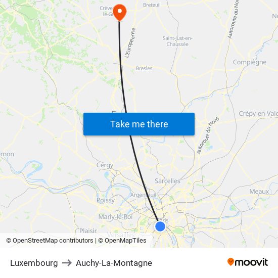 Luxembourg to Auchy-La-Montagne map