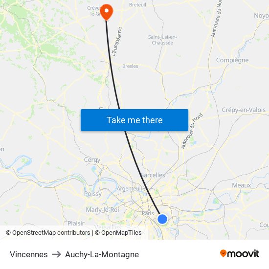 Vincennes to Auchy-La-Montagne map