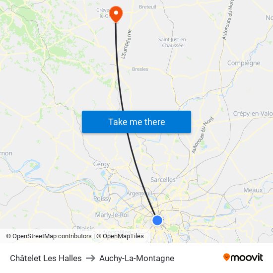 Châtelet Les Halles to Auchy-La-Montagne map