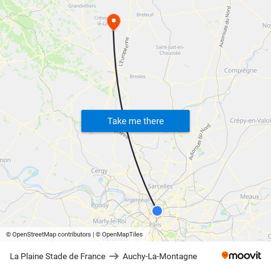 La Plaine Stade de France to Auchy-La-Montagne map