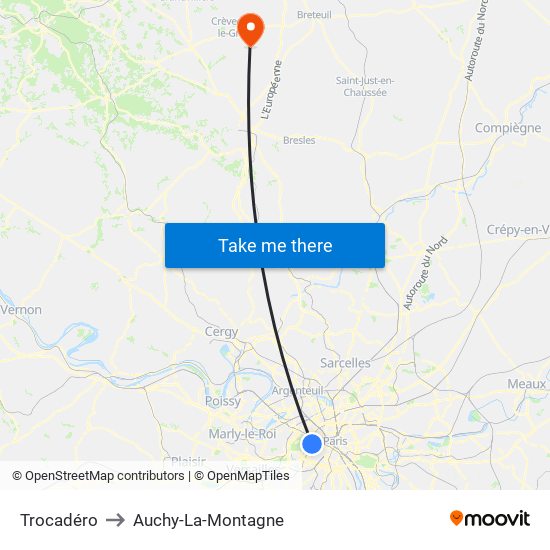 Trocadéro to Auchy-La-Montagne map