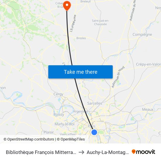 Bibliothèque François Mitterrand to Auchy-La-Montagne map