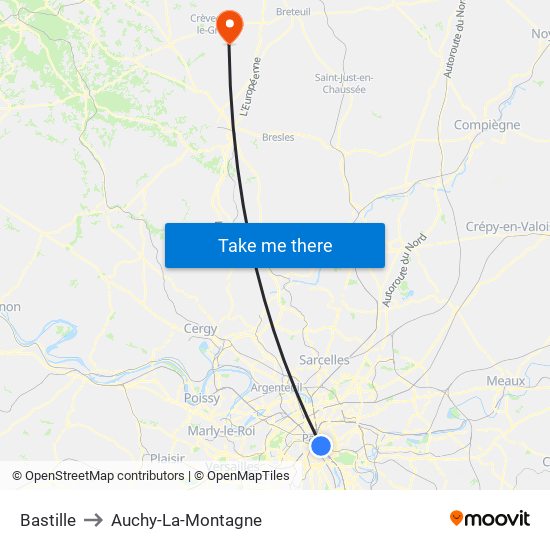 Bastille to Auchy-La-Montagne map