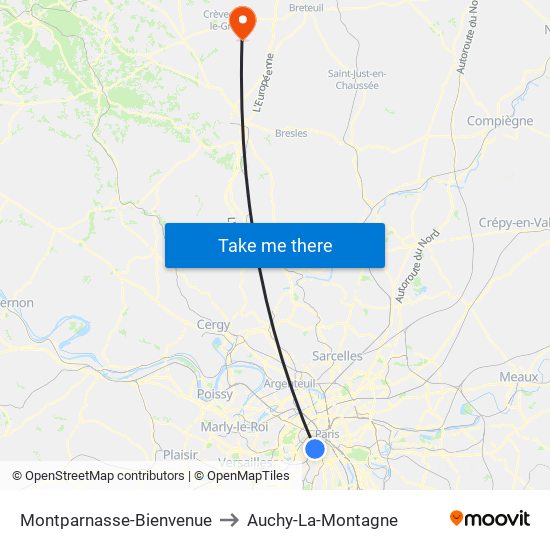 Montparnasse-Bienvenue to Auchy-La-Montagne map