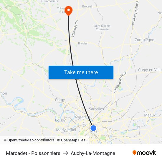 Marcadet - Poissonniers to Auchy-La-Montagne map