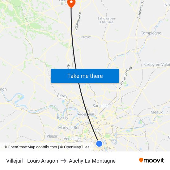 Villejuif - Louis Aragon to Auchy-La-Montagne map