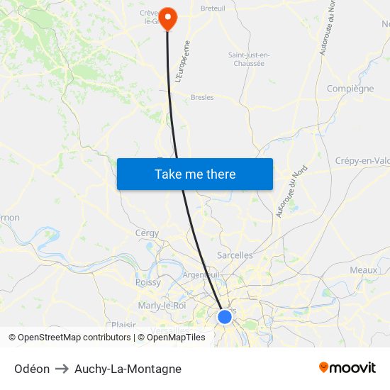 Odéon to Auchy-La-Montagne map