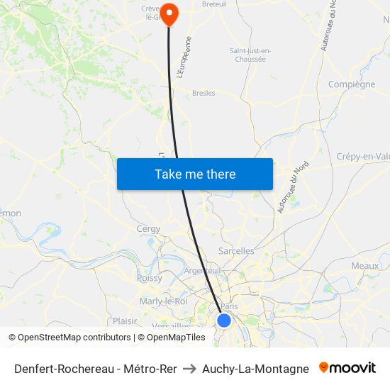 Denfert-Rochereau - Métro-Rer to Auchy-La-Montagne map